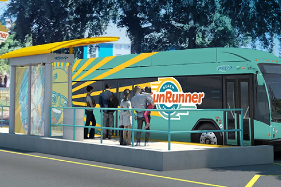 Rendering of SunRunner bus station with passengers boarding
